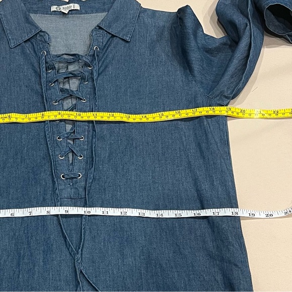 Noble U Lace Up Long Sleeve Collard Chambray Top Blouse Dark Blue Size Small - Picture 6 of 10